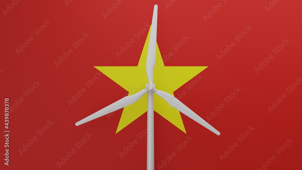 Large wind turbine in center with a background of the country flag of Vietnam Large wind turbine in center with a background of the country flag of Vietnam