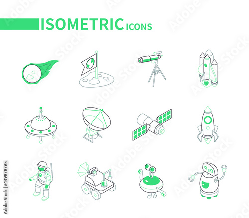 Space exploration - line colorful isometric icons set