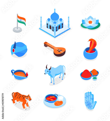 Indian symbols - modern colorful isometric icons set