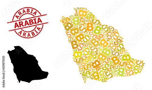 Rubber Arabia stamp seal, and finance collage map of Saudi Arabia. Red round stamp seal includes Arabia title inside circle. Map of Saudi Arabia collage is organized with investment, dollar,