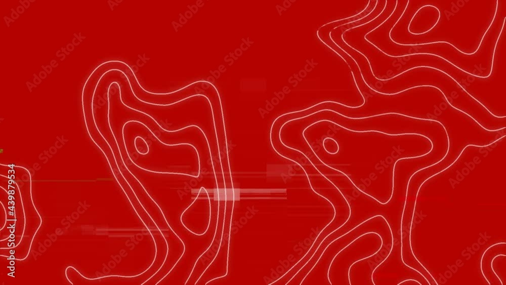 Animation of digital interface on screen with topographic lines with glitch on red background Animation of digital interface on screen with topographic lines with glitch on red background