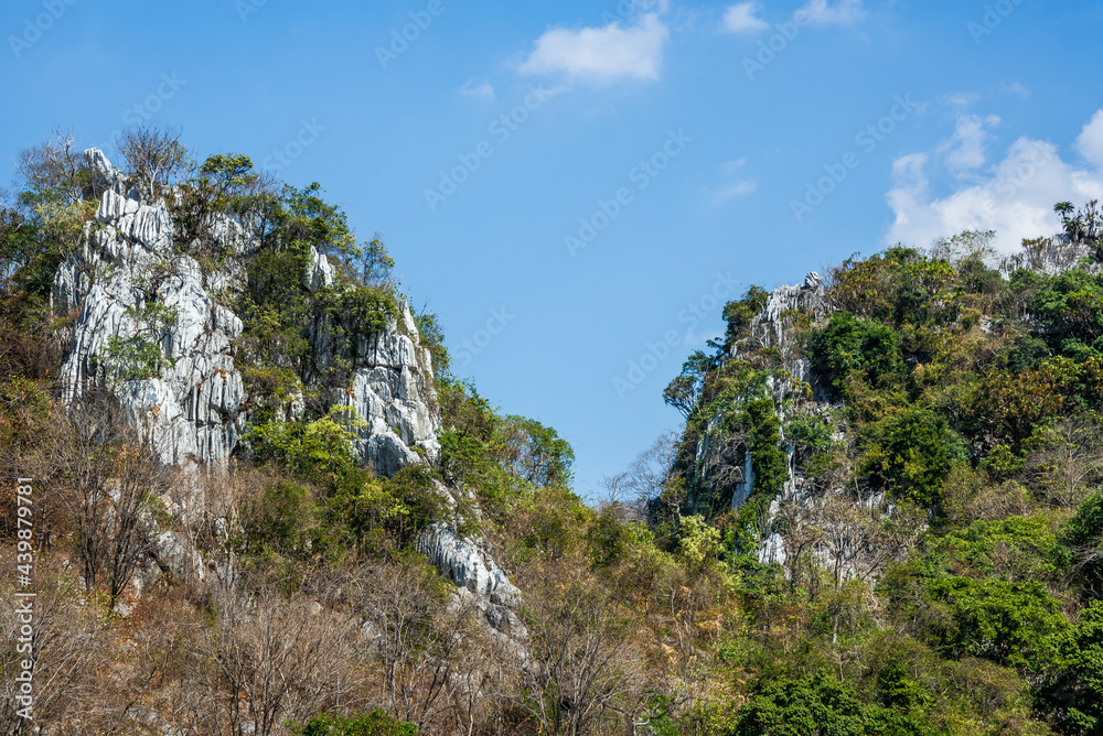 Rock mountain cliff and tree on the top. Beautiful Rock mountain and blue sky.