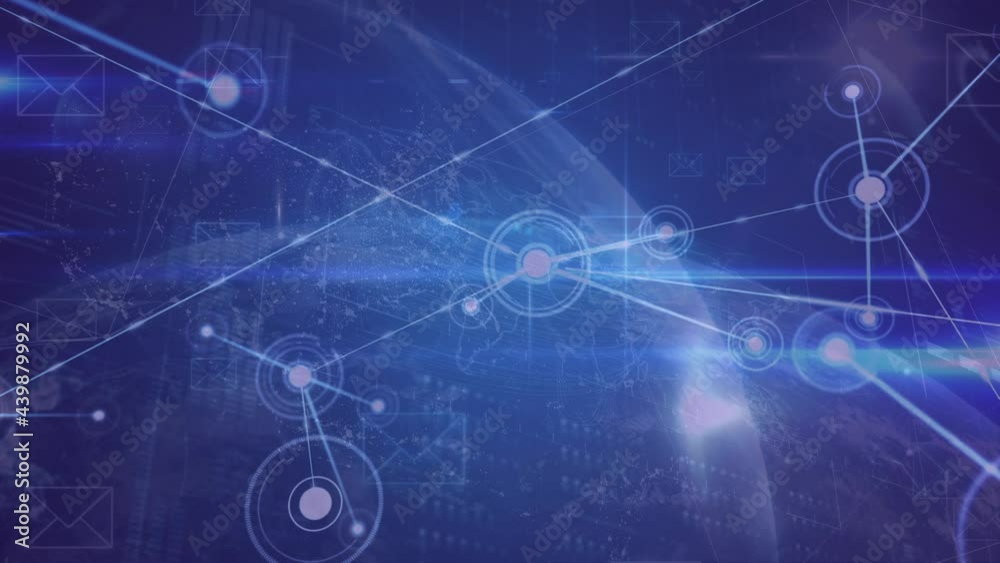 Animation of network of connections and data processing over globe Animation of network of connections and data processing over globe