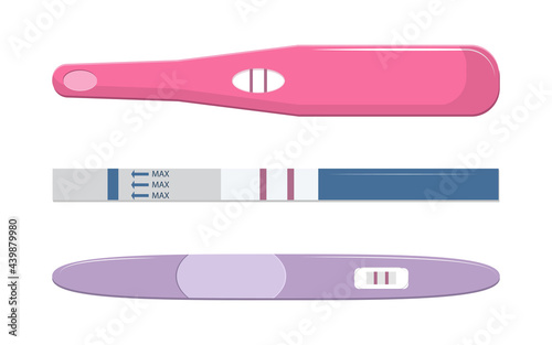 Set of different pregnancy tests, with two stripes, positive. Female reproductive concept Isolated on white background..Vector illustration.