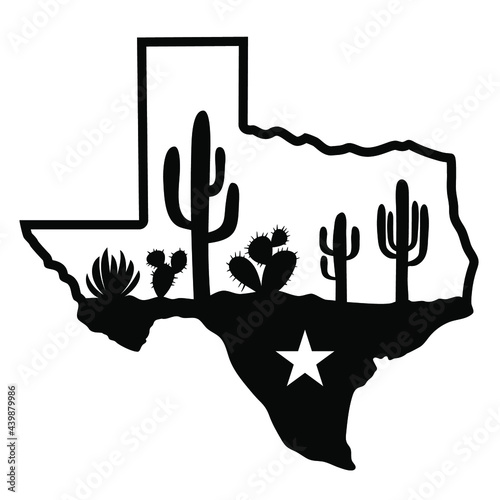 Texas map silhouette and cactuses desert black silhouette. Vector illustration of Texas map silhouette isolated on white for design. Texas sign symb