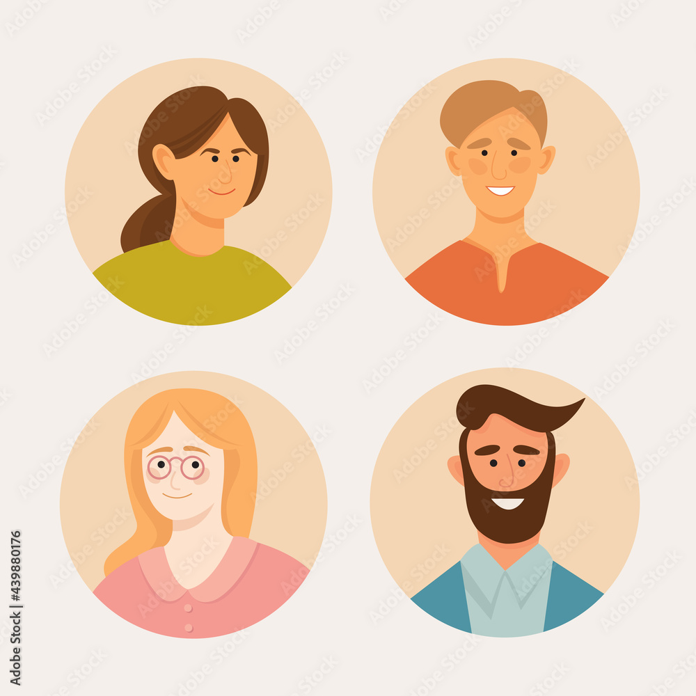 Set of 4 icons with faces of different people. Different hairstyles and hair color, skin color, clothing style. Men and women. Isolated vector objects. Set of 4 icons with faces of different people. Different hairstyles and hair color, skin color, clothing style. Men and women. Isolated vector objects.
