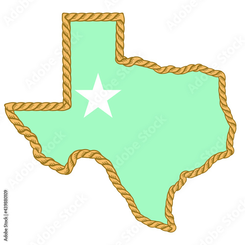 Texas map with lasso rope frame with symbol star isolated on white for design. Texas color sign symbol