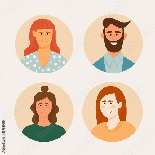 Set of 4 icons with faces of different people. Different hairstyles and hair color, skin color, clothing style. Men and women. Isolated vector objects. 