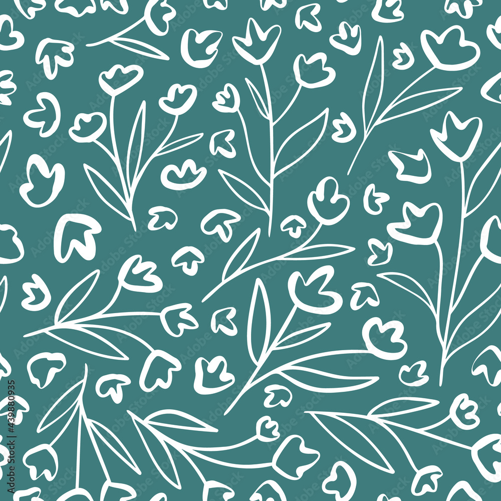 Doodled flowers with leaves seamless repeat pattern. Random placed outline, abstract botanical elements all over surface print on bluish green background. Doodled flowers with leaves seamless repeat pattern. Random placed outline, abstract botanical elements all over surface print on bluish green background.