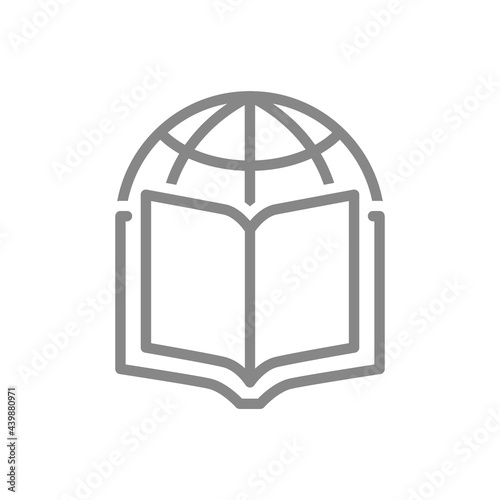 Open book with planet line icon. Global library, online bookstore symbol