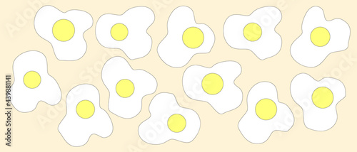 Print colorful food pattern design. Vector fried egg breakfast summer illustration. Collection of cartoon hand drawn shapes, modern style. wall decoration, postcard, brochure cover design sketch.