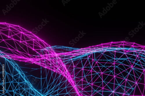 Partially blurred background, polygonal grid of neon pink and blue colors on black background, copy space. 3d render