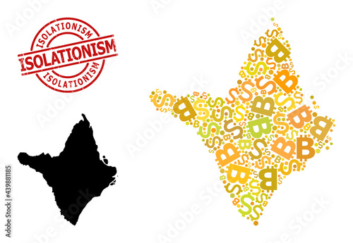 Distress Isolationism stamp, and currency mosaic map of Amapa state. Red round stamp seal has Isolationism caption inside circle. Map of Amapa state mosaic is made of currency, funding,