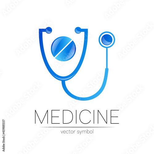 Stethoscope, tablet vector logotype in blue color. Medical symbol for doctor, clinic, hospital and diagnostic. Modern concept for logo or identity style. Sign of health. Isolated on white background.