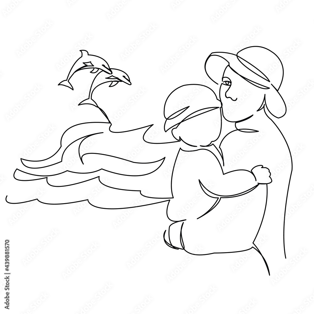 mom with baby on the background of the sea and dolphins mom with baby on the background of the sea and dolphins