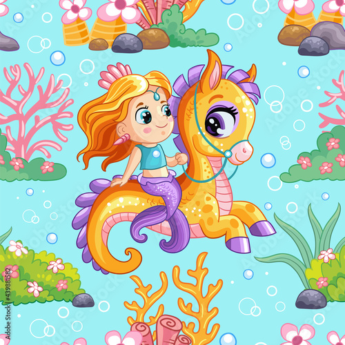 Seamless vector pattern cute mermaid riding on seahorse