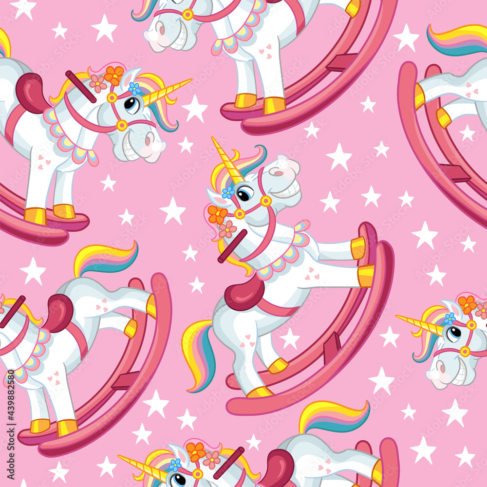 Naklejka premium Seamless vector pattern cute wooden rocking horse vector