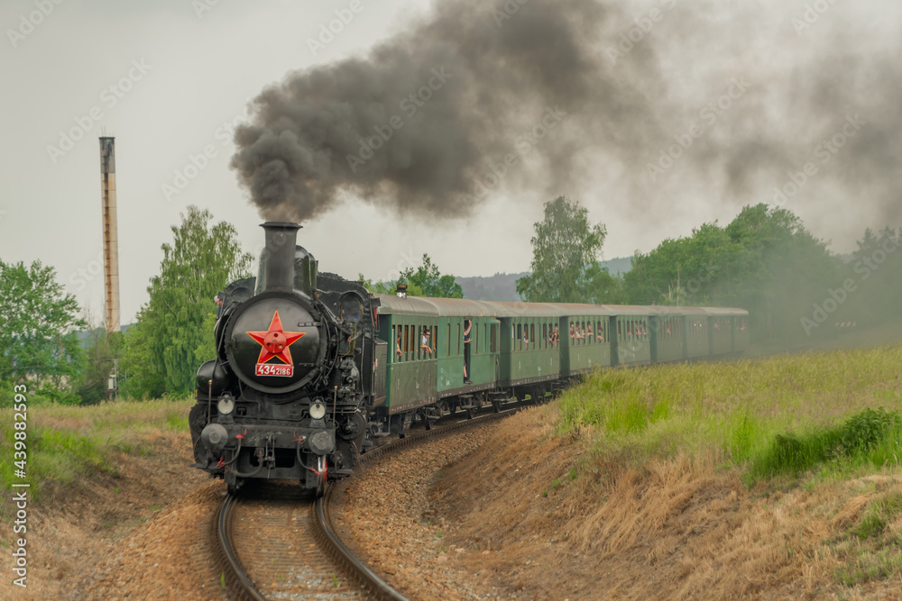 Fototapeta premium Steam train near Sazava river in south of Prague in summer cloudy day