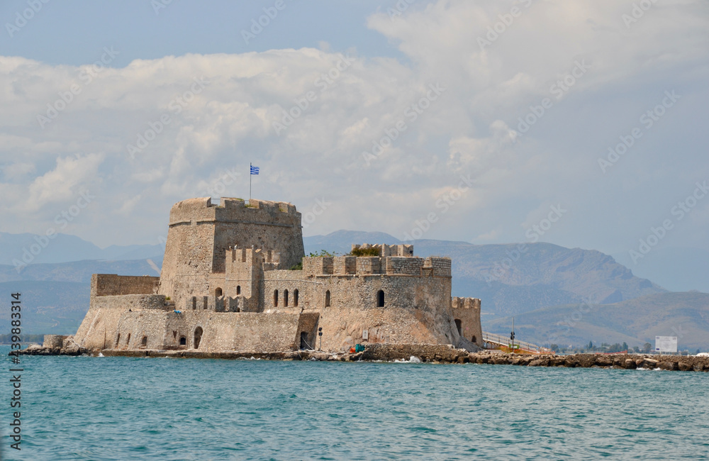 The water castle of Bourtzi is a Venetian castle located in the middle of the harbour of Nafplio. (aka Nauplia, Nafplion)