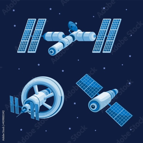 Fototapeta Naklejka Na Ścianę i Meble -  space station and satellite orbit in galaxy collection set concept in cartoon illustration vector