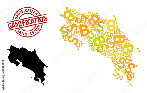 Distress Gamification badge, and currency mosaic map of Costa Rica. Red round badge includes Gamification title inside circle. Map of Costa Rica collage is constructed of currency, dollar,