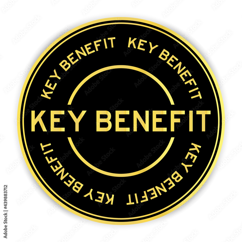 Black and gold color round label sticker with word key benefit on white background