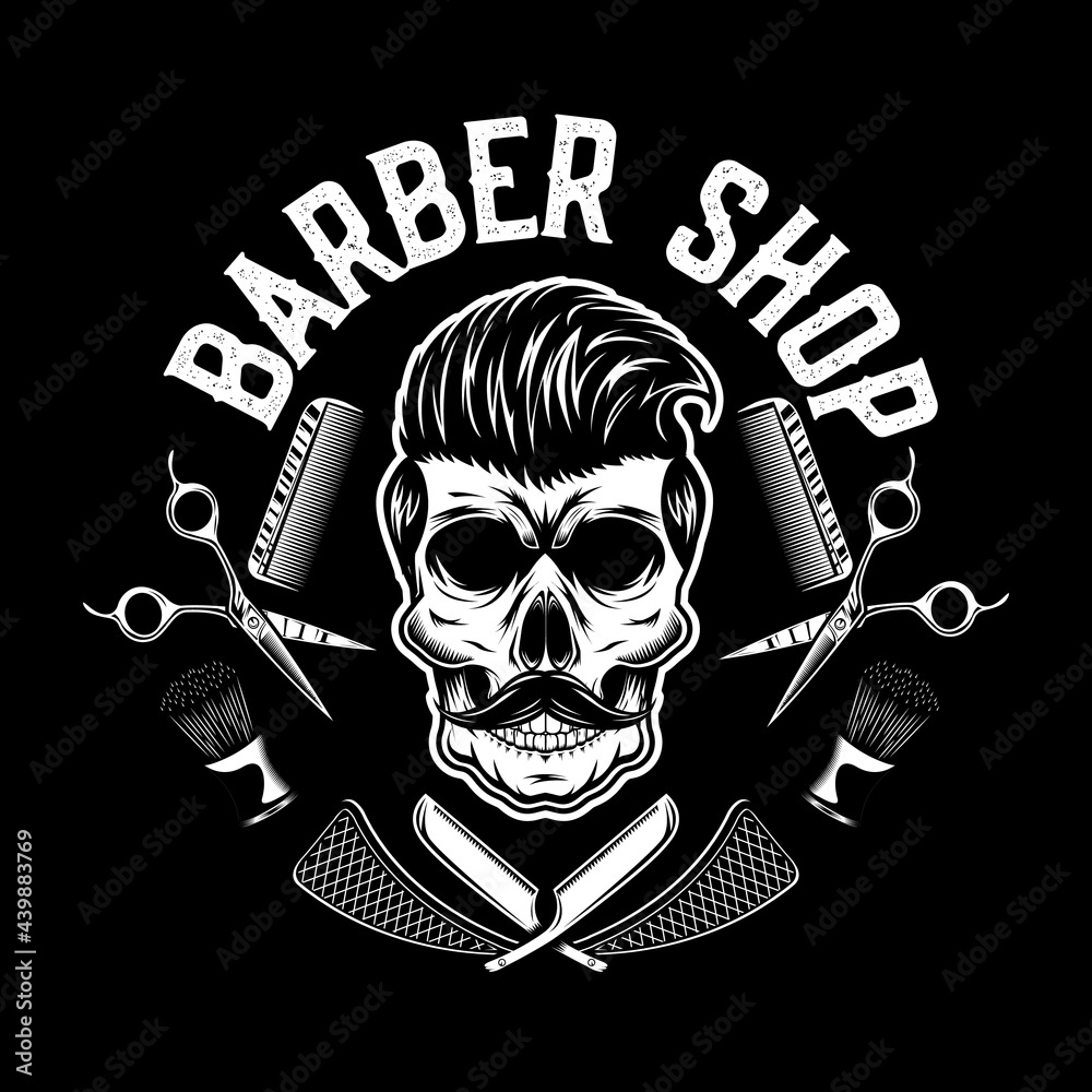 Barber skull logo, scissors, comb knife, shaving brush, hair salon branding, vintage artwork, retro badge symbol, Drawing emblem detailed style.