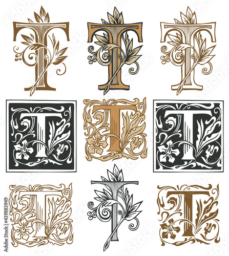 Ornate initial letter T with a vintage Baroque ornament. Vector illustration of capital letters T with decorations. Beautiful filigree uppercase letters for monogram, logo, emblem, card, invitation photo