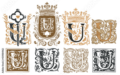 Set of ornate initial letters U with decorations in vintage style. Vector illustration of beautiful filigree capital letters U. Great for luxury design of monogram, logo, invitation, coat of arms