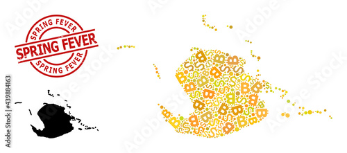 Grunge Spring Fever stamp seal, and currency mosaic map of Juventud Island. Red round stamp seal has Spring Fever title inside circle. Map of Juventud Island mosaic is made with financial, funding,