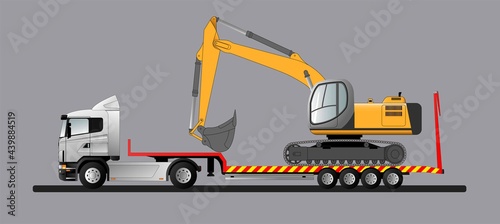 Image of a modern European low loader with a load. Goose excavator. Transportation of construction equipment. Vector illustration.