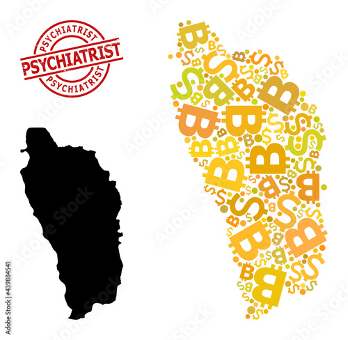 Grunge Psychiatrist seal, and currency collage map of Dominica Island. Red round stamp seal contains Psychiatrist text inside circle. Map of Dominica Island mosaic is created with currency, funding,