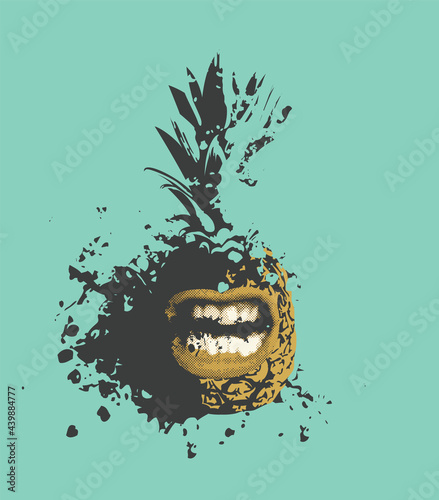 Vector illustration of a perky pineapple character with a grinning mouth. An emotional character. Summer banner with a sweet tropical fruit and abstract stains in grunge style on an emerald background