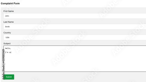 Entering Complaint in Complaint Form in Online Box. Complaining to Company or Person by Typing on Website. Type Letters. Viewpoint of Monitor Screen.