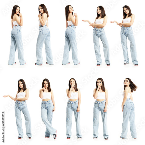 Foto Set of young summer street style woman doing many inviting presenting or silence gestures