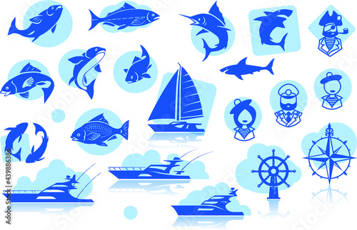 Fish, Yacht, Ocean Life Silhouettes Set