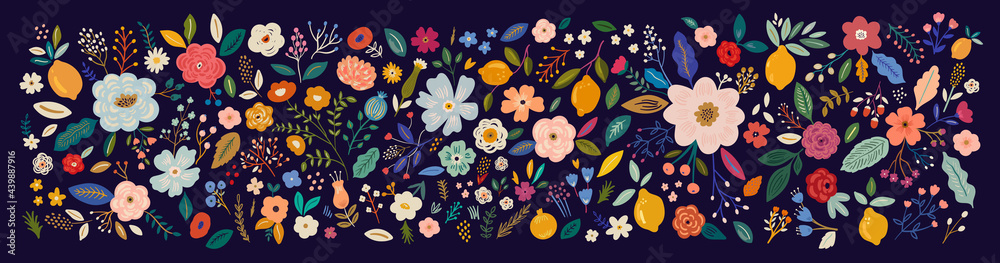 Plakat Piękna romantyczna kolekcja kwiatów z różami, liśćmi, bukietami kwiatowymi, kompozycjami kwiatowymi. Okładka notebooka