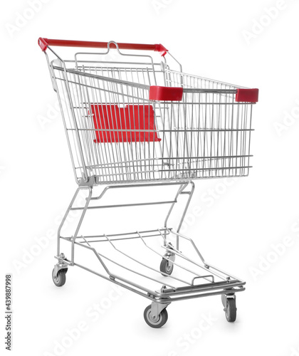 Empty metal shopping cart isolated on white
