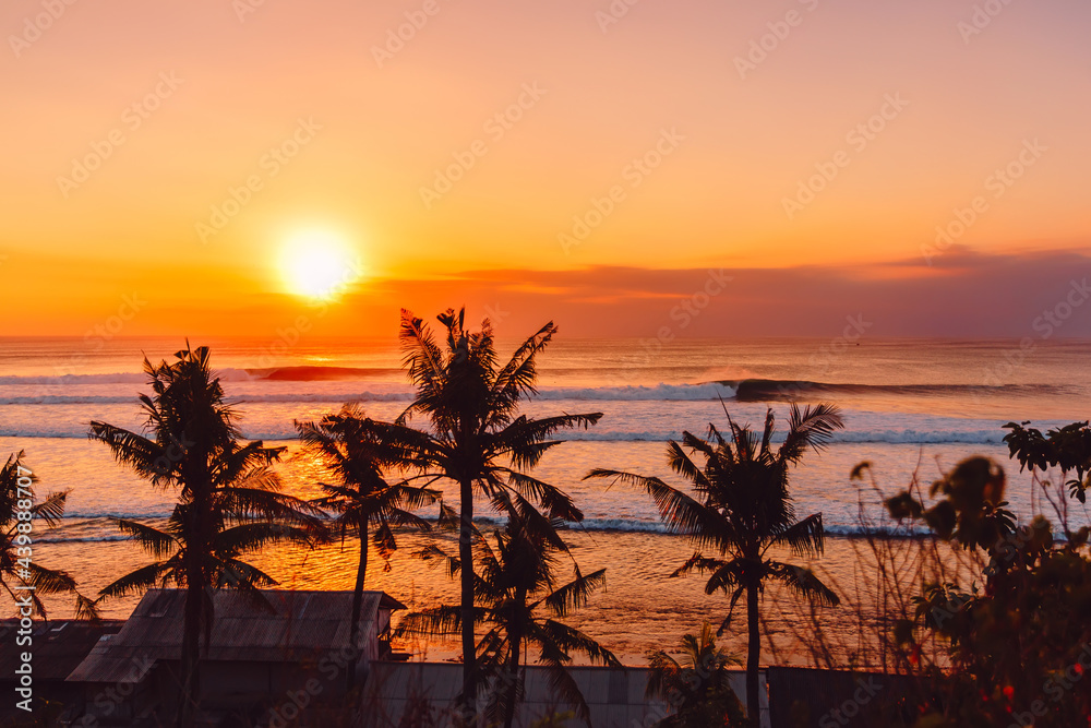 Sunset or sunrise with ocean waves and silhouette of coconut palm