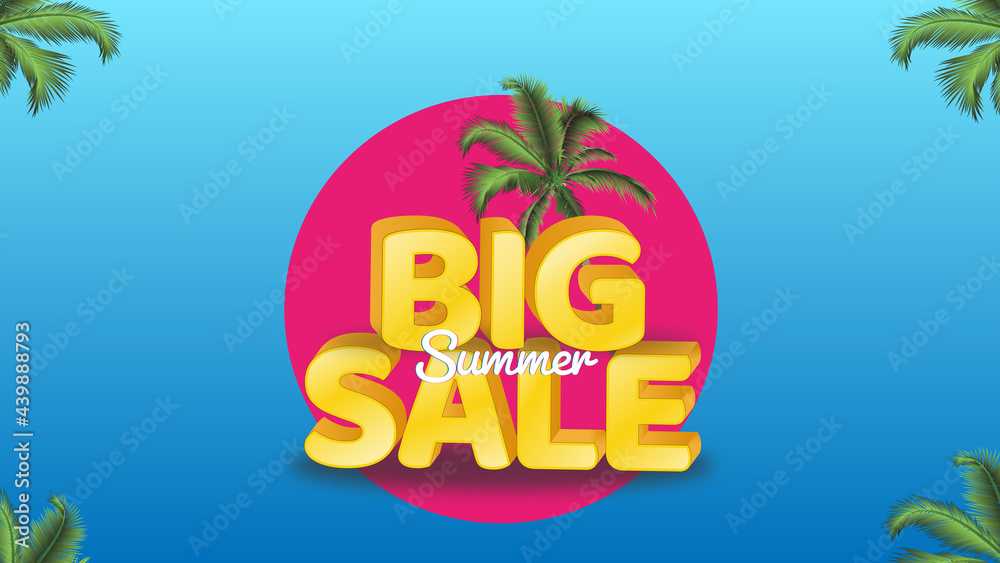 Big Summer Sale 3D Text with blue background for Summer seasonal promotions. Poster, banner, web banner, and background.