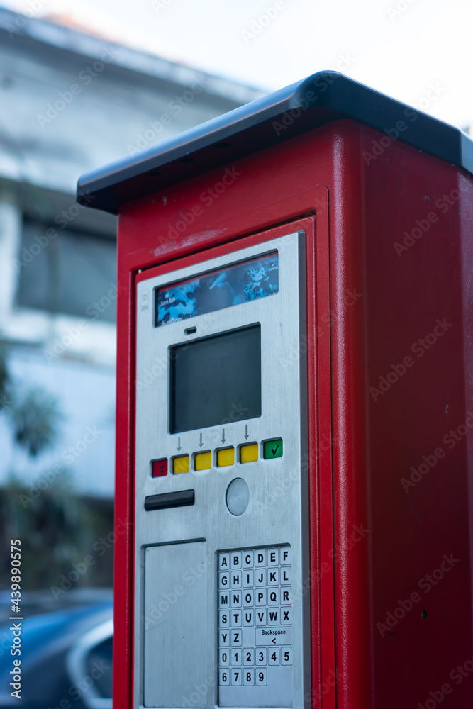 Close up roadside parking machine. self parking in street Close up roadside parking machine. self parking in street