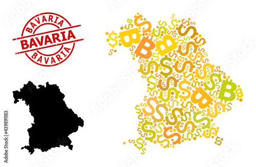 Textured Bavaria seal, and money mosaic map of Bavaria State. Red round stamp seal contains Bavaria caption inside circle. Map of Bavaria State mosaic is organized of investment, dollar,