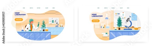 Hemp laboratory landing page design, website banner vector templates. Scientist studying cannabis, testing cbd hemp oil.