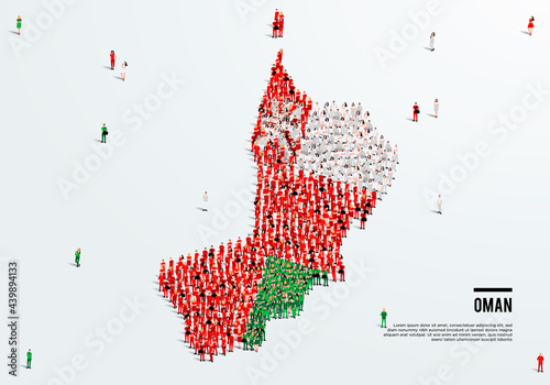 Oman Map and Flag. A large group of people in the Omani flag color form to create the map. Vector Illustration.