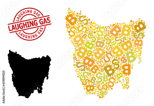 Rubber Laughing Gas stamp seal, and banking mosaic map of Tasmania Island. Red round stamp seal has Laughing Gas text inside circle. Map of Tasmania Island mosaic is created of financial, funding,