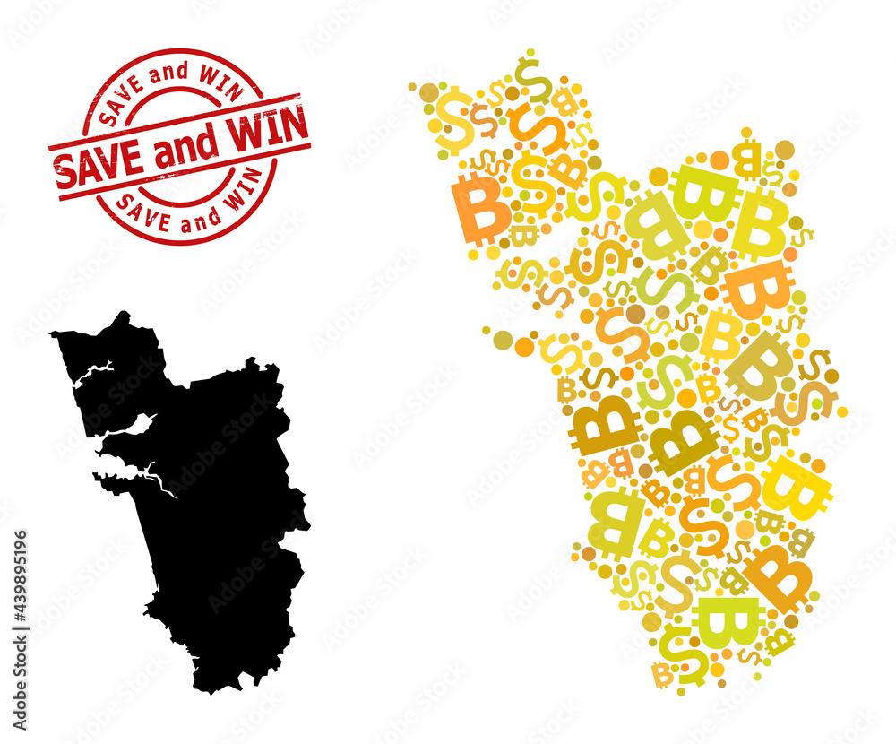 Rubber Save and Win stamp seal, and currency mosaic map of Goa State. Red round stamp seal includes Save and Win text inside circle. Map of Goa State mosaic is made from money, dollar,