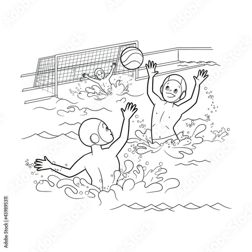 Coloring page: young sports boys play water polo in the pool by throwing a ball to each other. Vector illustration, in cartoon style, black and white lines