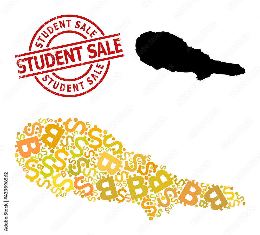 Grunge Student Sale stamp seal, and financial mosaic map of Pico Island. Red round stamp seal includes Student Sale caption inside circle. Map of Pico Island mosaic is composed from investment,