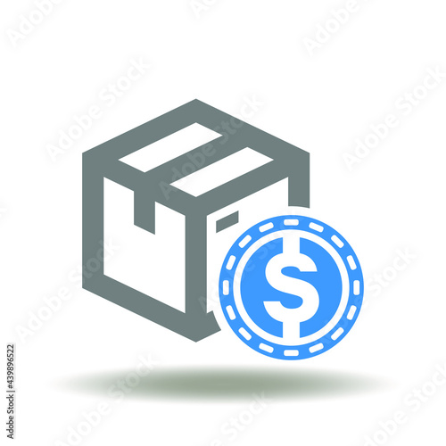 Packaging box with coin dollar vector illustration. Product cost symbol. Cost of packaging and delivery of parcel.