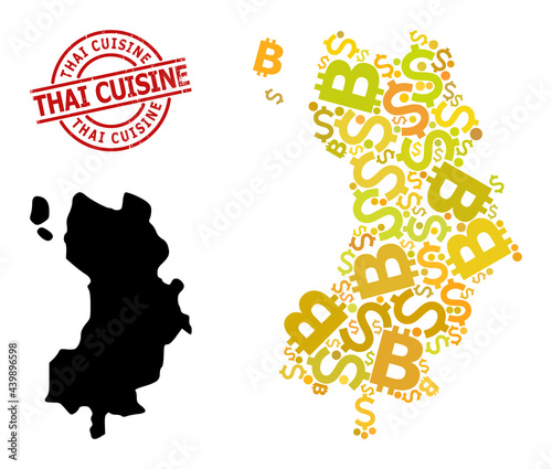 Grunge Thai Cuisine stamp seal, and money collage map of Ko Tao. Red round stamp seal has Thai Cuisine title inside circle. Map of Ko Tao mosaic is composed of investment, funding,